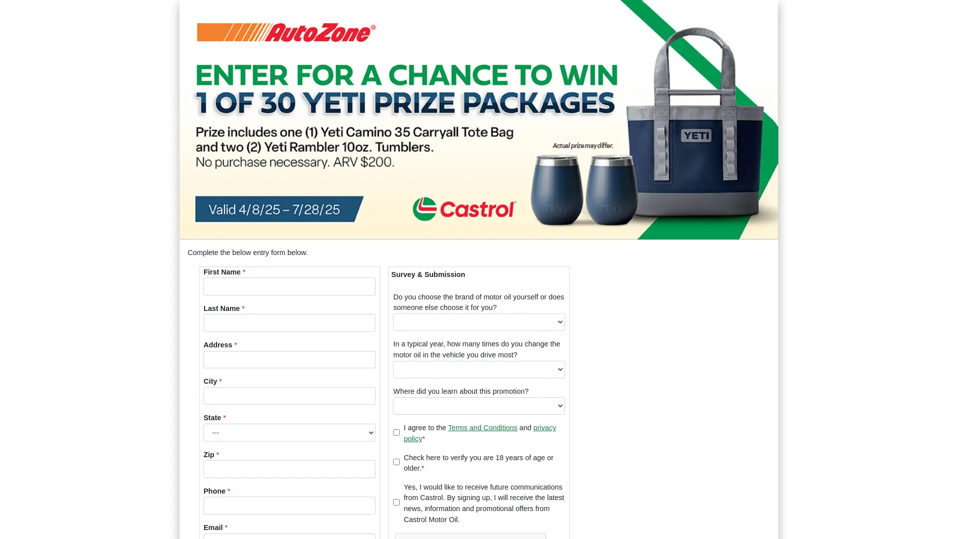 Sweepstake AutoZone Yeti Sweepstakes by BP Lubricants USA Inc., AutoZone Parts, Inc.