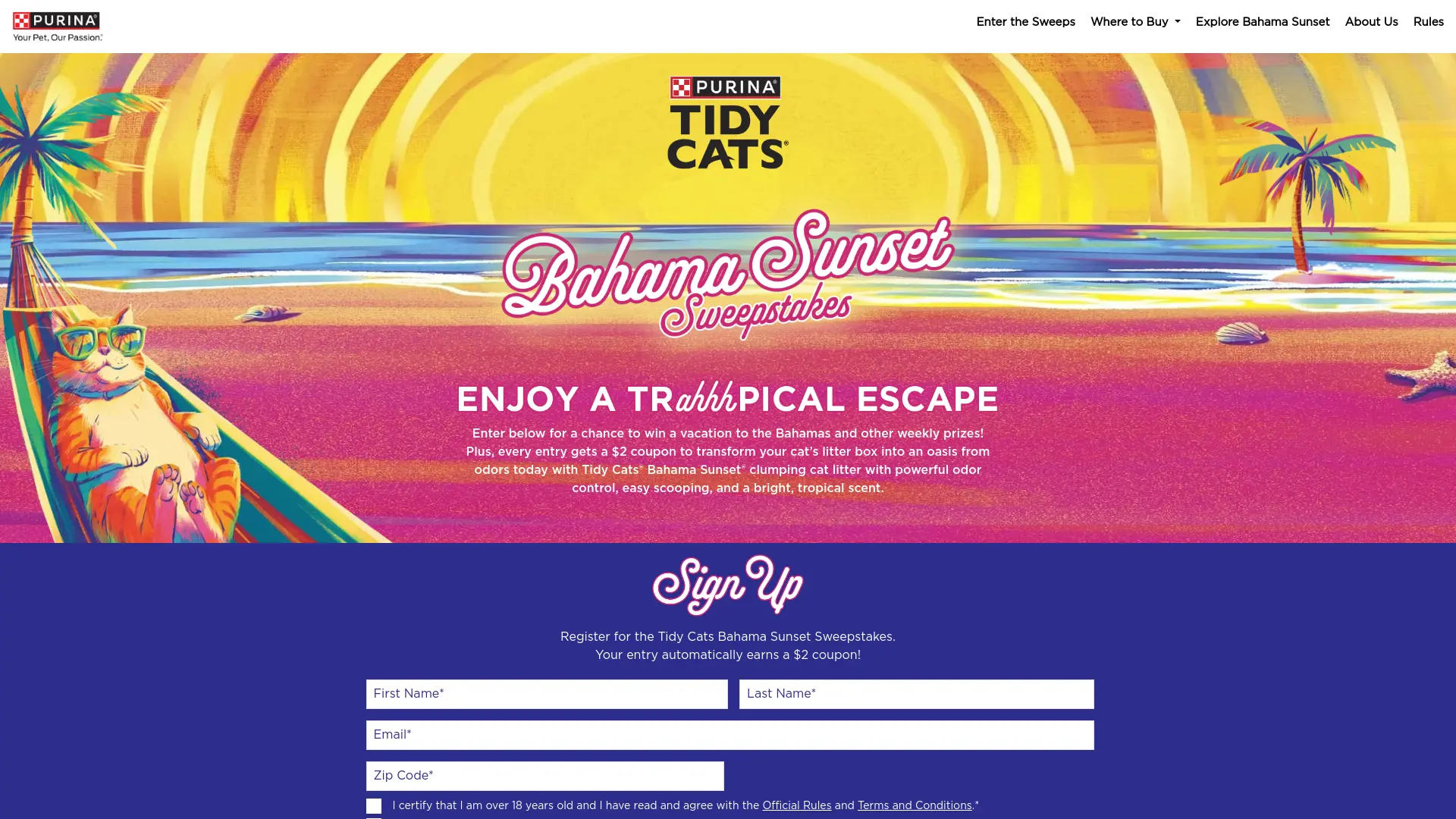 Sweepstake Tidy Cats Bahama Sunset Sweepstakes by Nestlé Purina PetCare
