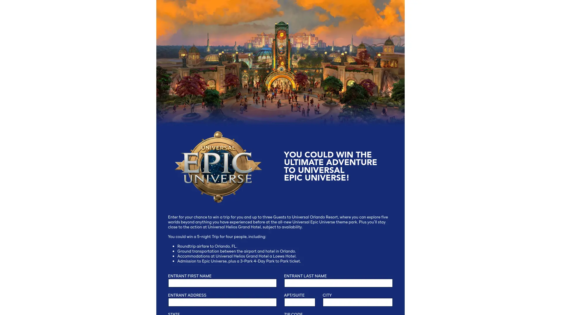 Sweepstake Universal Orlando Resort Epic Universe Sweepstakes by Universal City Development Partners, Ltd. d/b/a Universal Orlando Resort