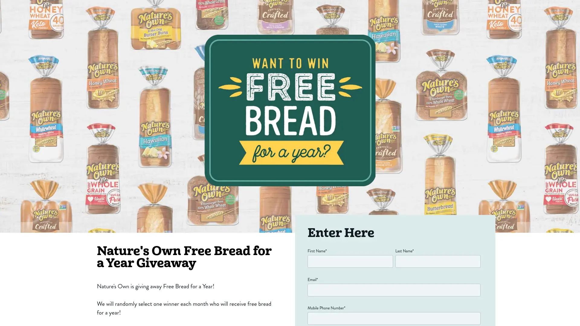 Sweepstake Nature's Own Free Bread for a Year Giveaway by Flowers Bakeries, LLC