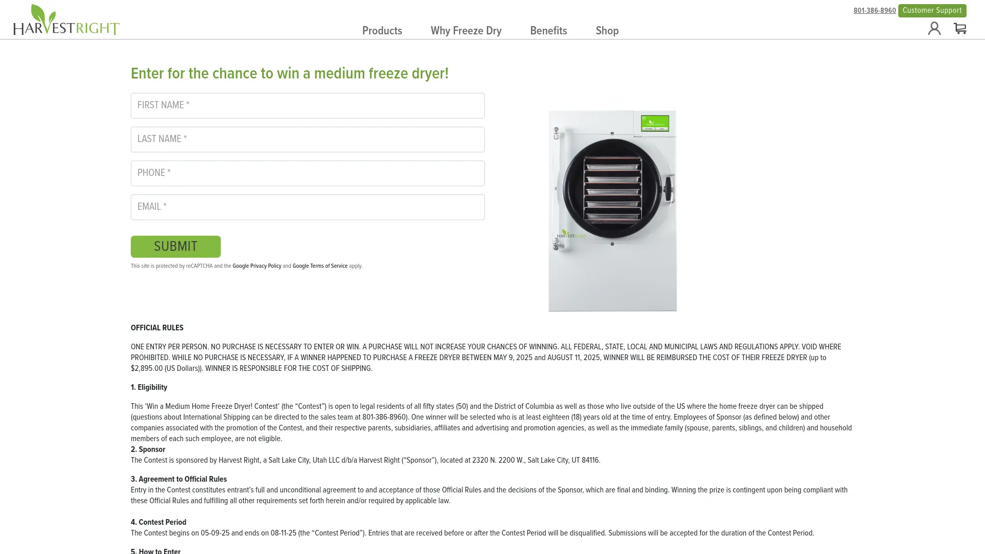 Sweepstake Win a Medium Home Freeze Dryer! Contest by Harvest Right