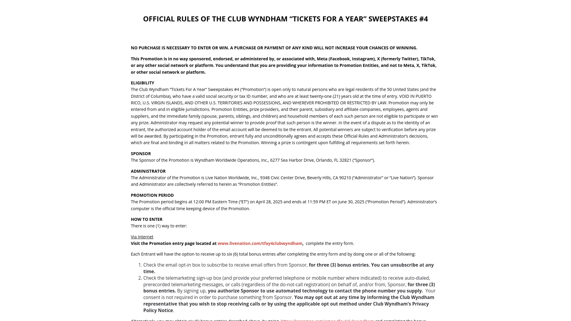 Sweepstake Club Wyndham “Tickets For A Year” Sweepstakes #4 by Wyndham Worldwide Operations, Inc.