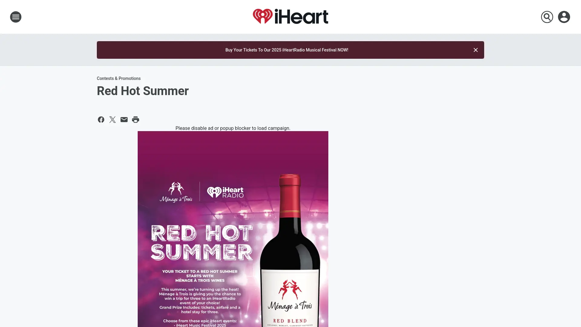 Sweepstake RED HOT SUMMER SWEEPSTAKES iHeartRadio by iHeartMedia + Entertainment, Inc., Menage a Trois Winery
