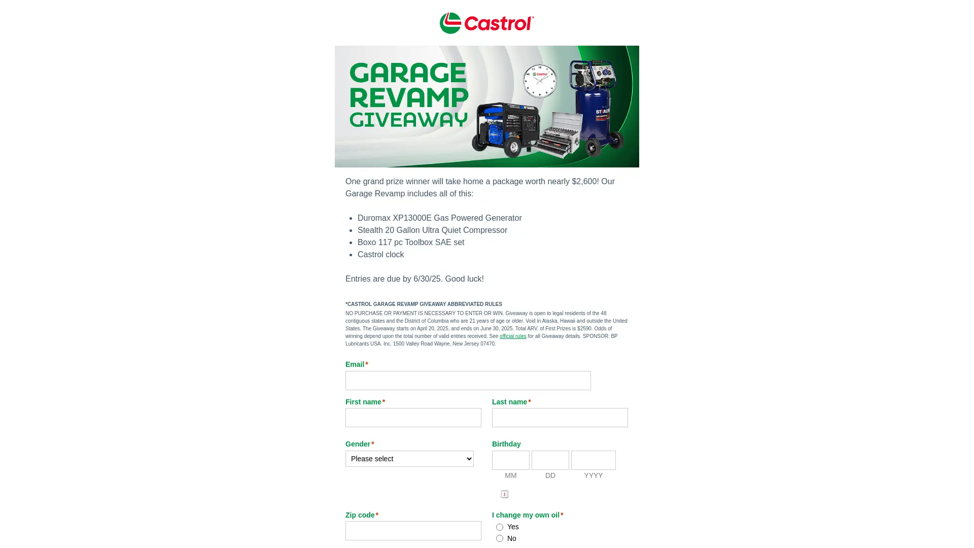 Sweepstake Castrol Garage Revamp Giveaway by BP Lubricants USA Inc.