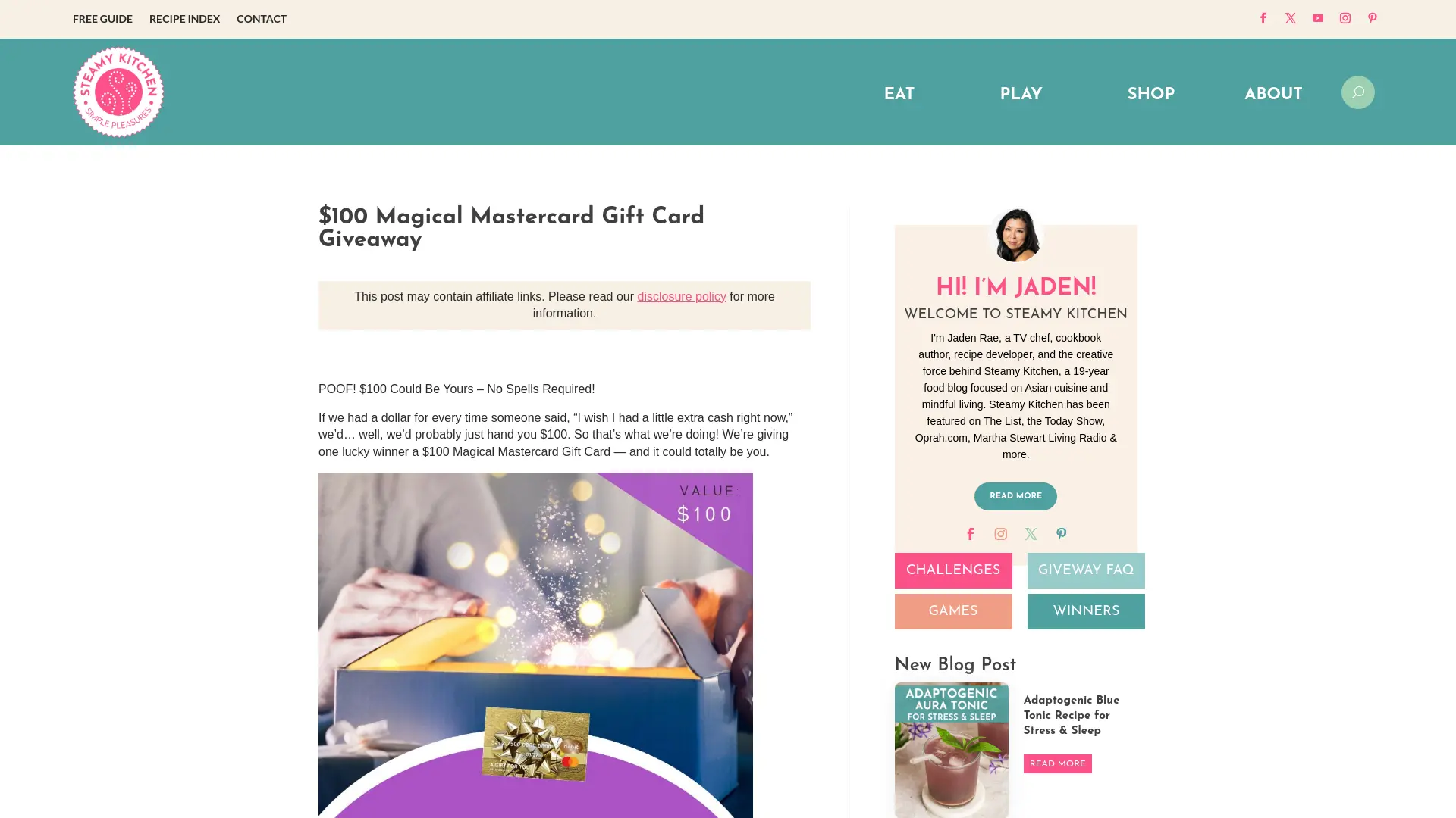 Sweepstake $100 Magical Mastercard Gift Card Giveaway by Steamy Kitchen