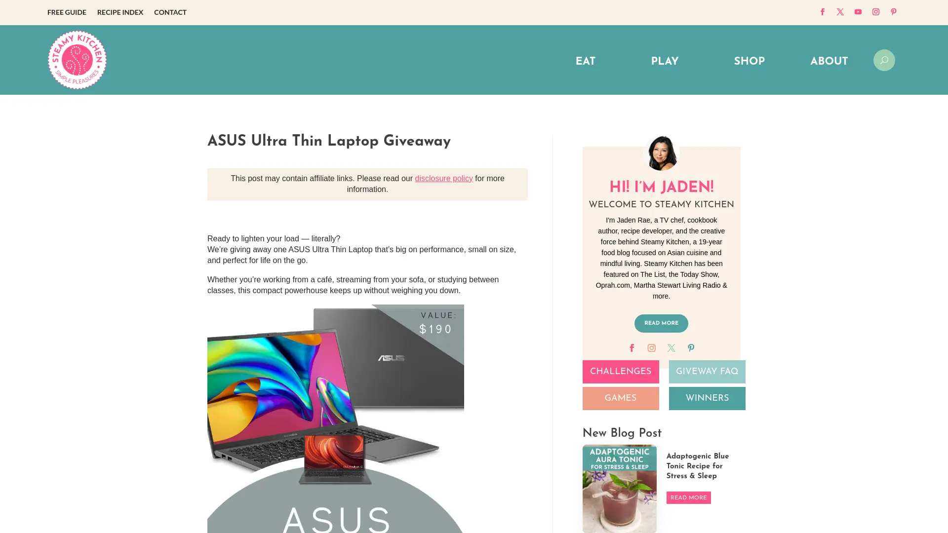 Sweepstake ASUS Ultra Thin Laptop Giveaway - Steamy Kitchen by Steamy Kitchen