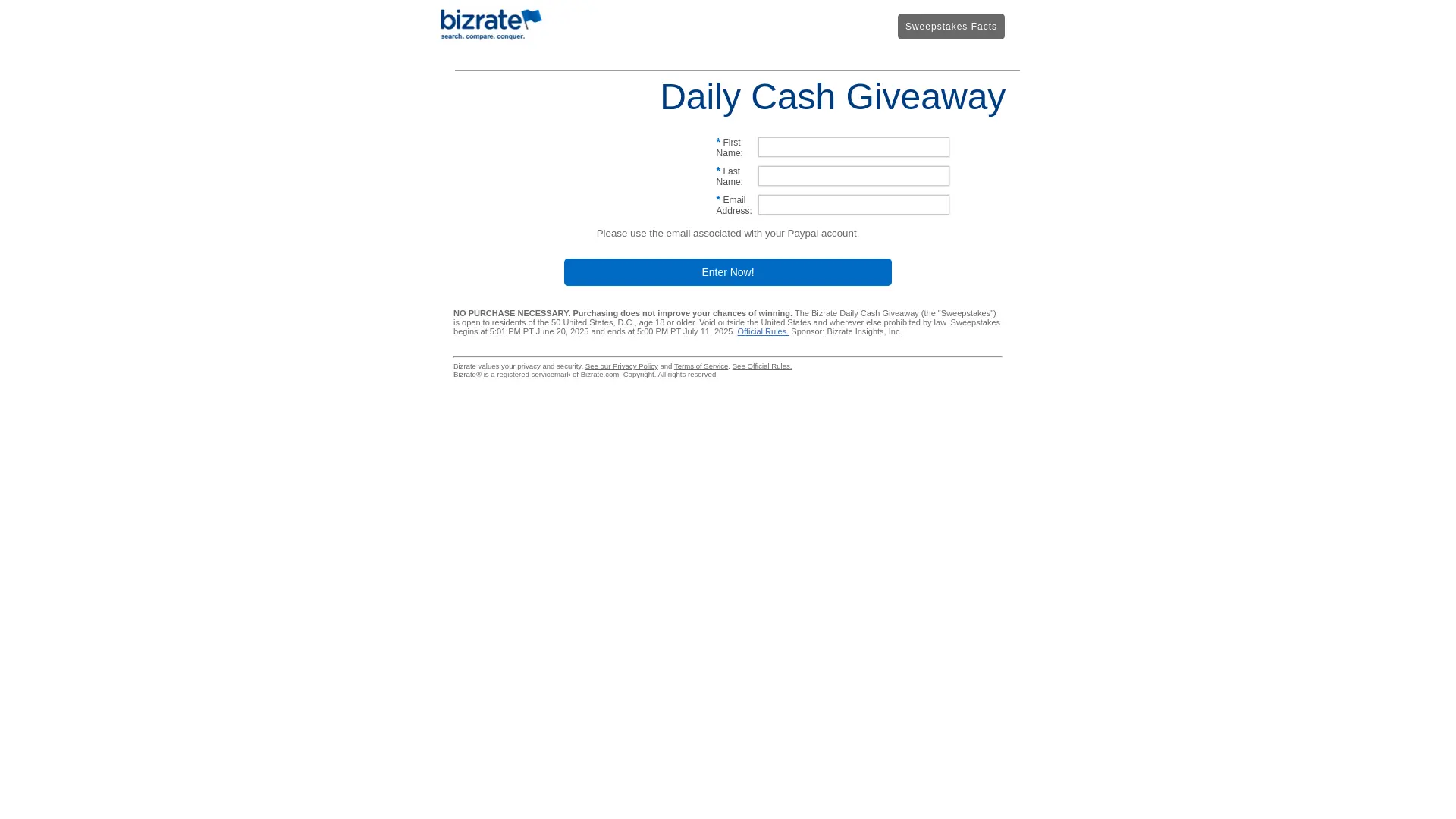 Sweepstake Bizrate Daily Cash Giveaway by Bizrate Insights