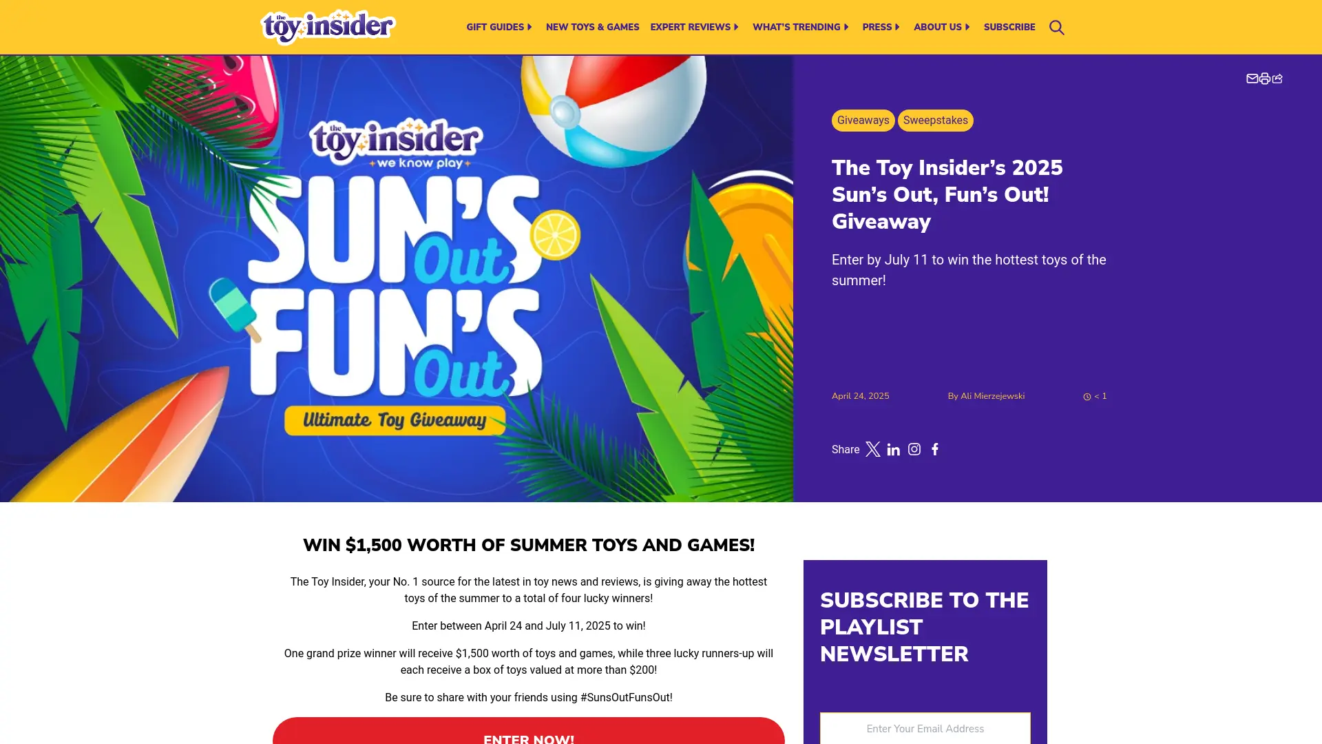 Sweepstake 2025 Sun’s Out, Fun’s Out! Giveaway - The Toy Insider by Adventure Publishing