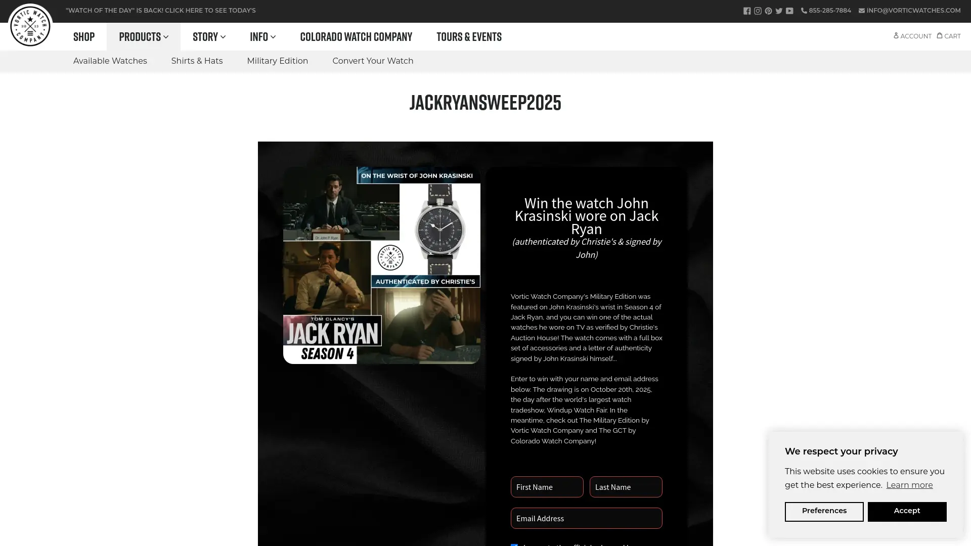 Sweepstake Win the watch John Krasinski wore on Jack Ryan - Vortic Watch Company by Vortic Watch Company