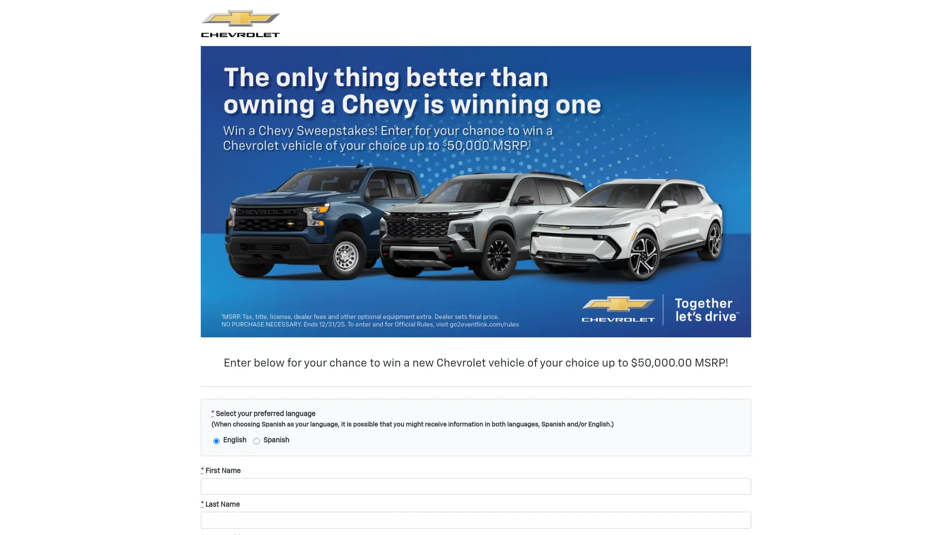 Sweepstake 2025 Win A Chevy Sweepstakes by General Motors