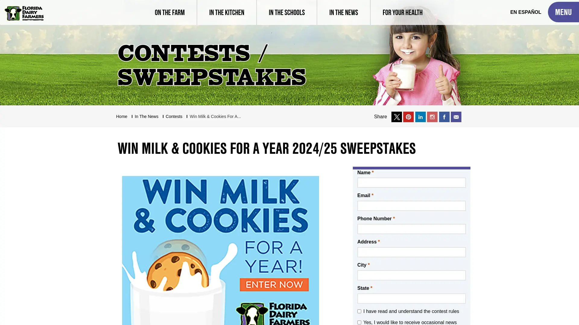 Sweepstake Milk and Cookies for a Year 2024-2025 Sweepstakes by Florida Dairy Farmers