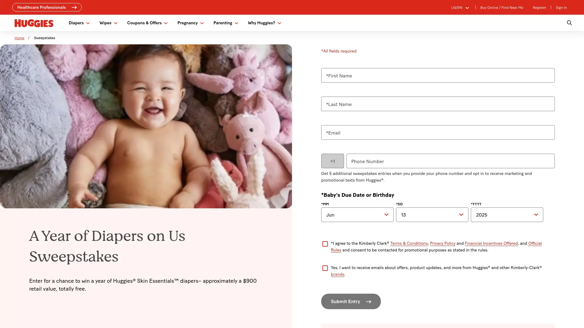 Sweepstake A Year of Diapers on Us Sweepstakes by Kimberly-Clark