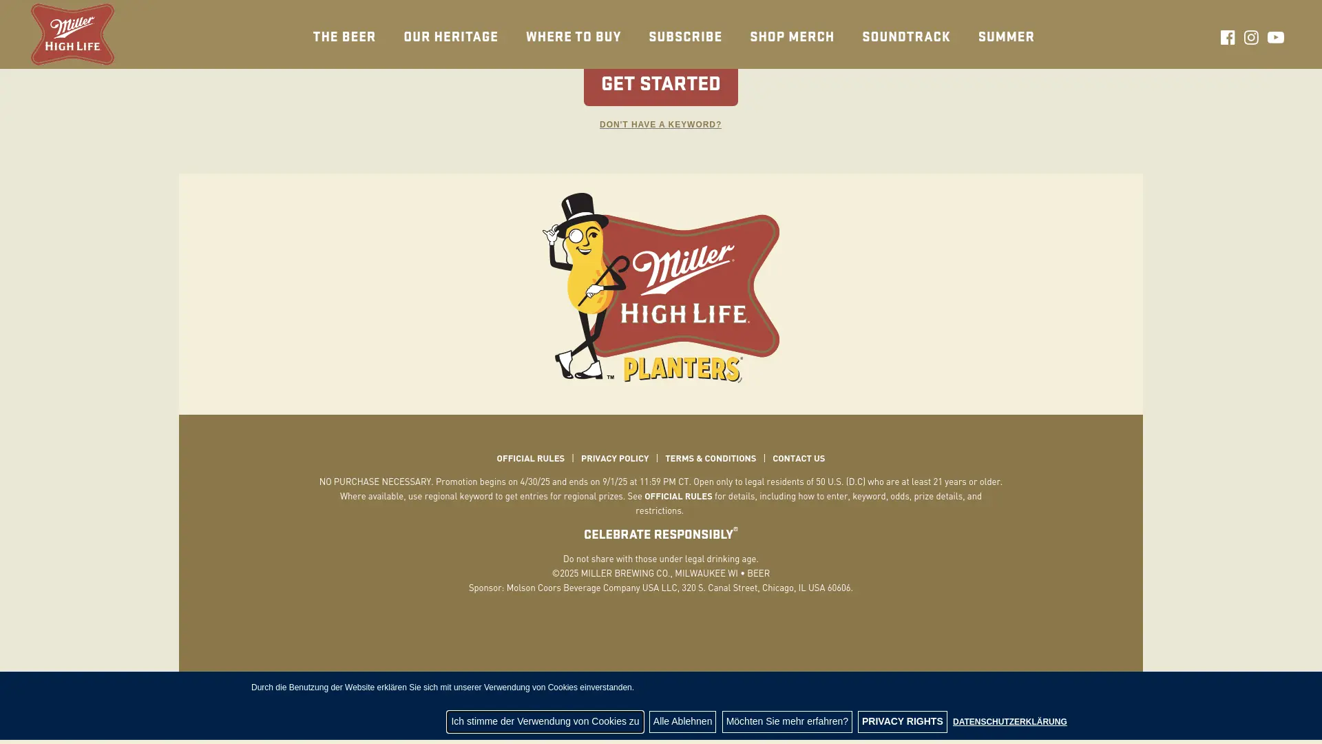 Sweepstake Miller High Life x PLANTERS Brand Summer 2025 by Molson Coors Beverage Company USA LLC