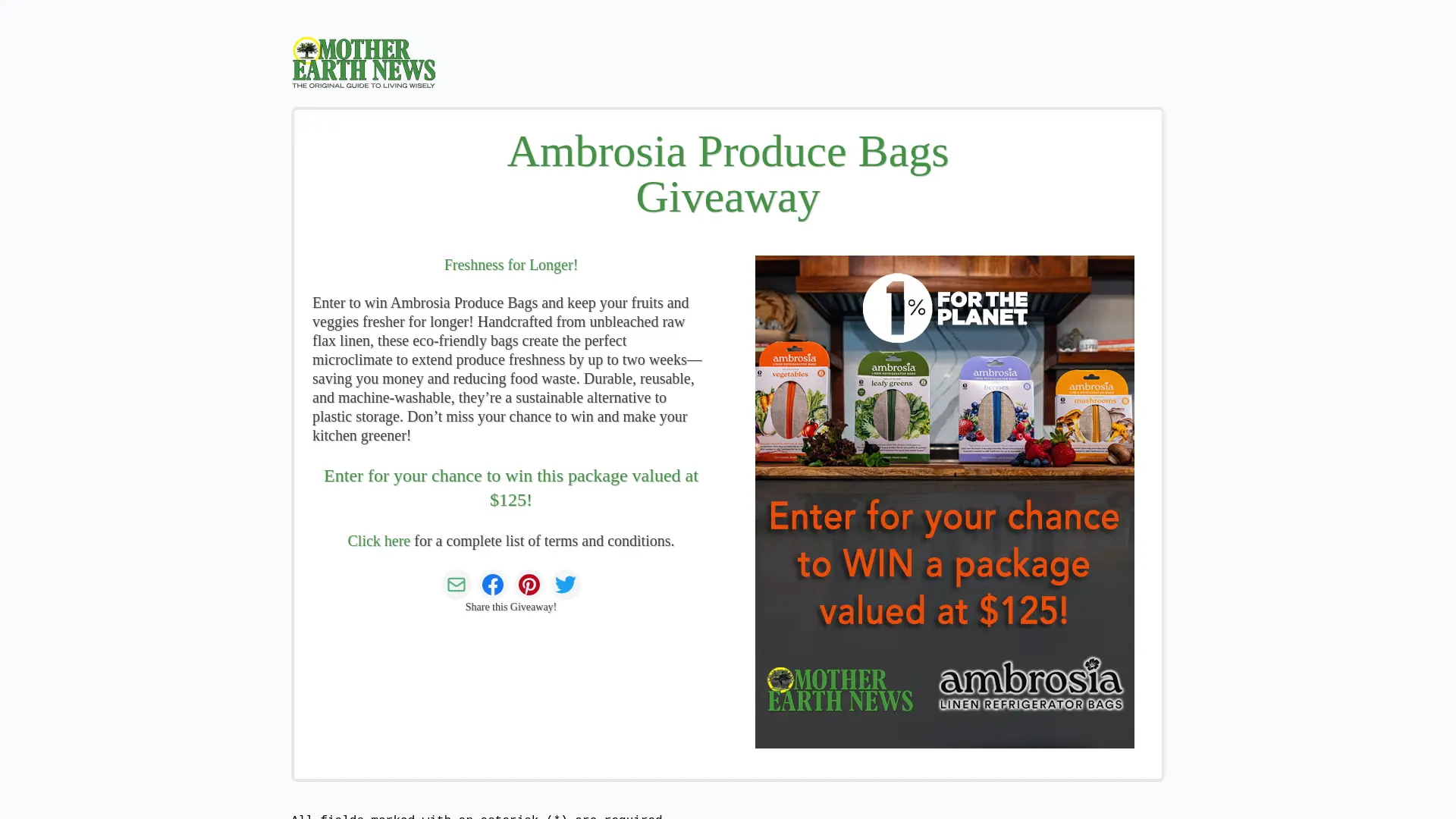 Sweepstake Ambrosia Produce Bags Giveaway by Mother Earth News, Ogden Publications