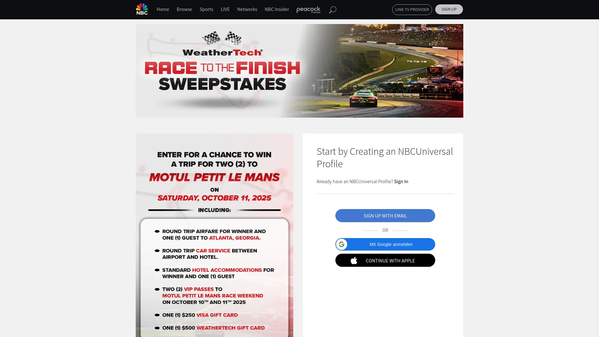 Sweepstake The WeatherTech Race to the Finish Sweepstakes by NBC Sports Group, NBCUniversal Media, LLC