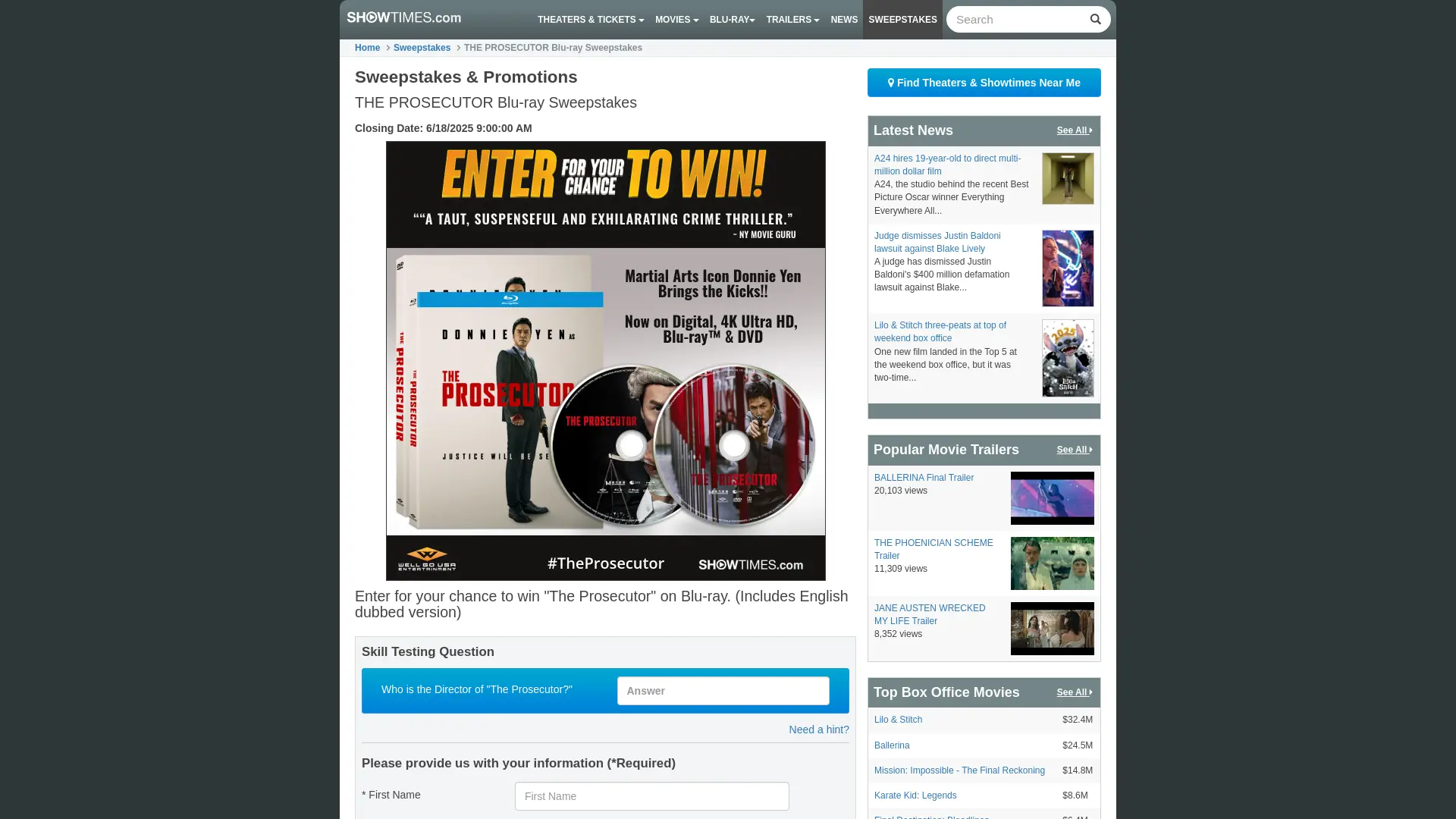 Sweepstake THE PROSECUTOR Blu-ray Sweepstakes by Showtimes.com