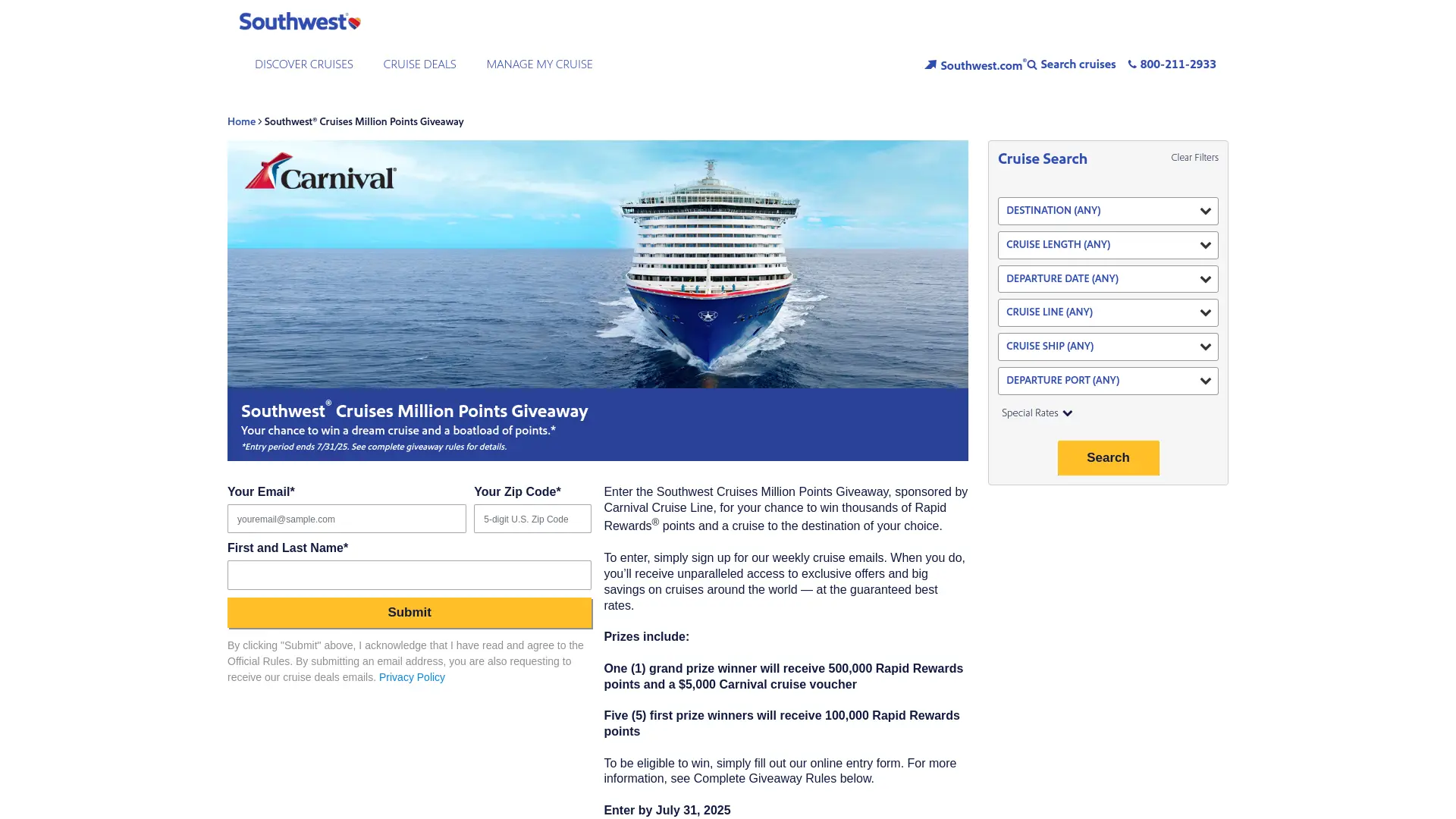 Sweepstake Southwest® Cruises Million Points Giveaway by World Travel Holdings, Inc. d/b/a Southwest Cruises, Carnival Cruise Line