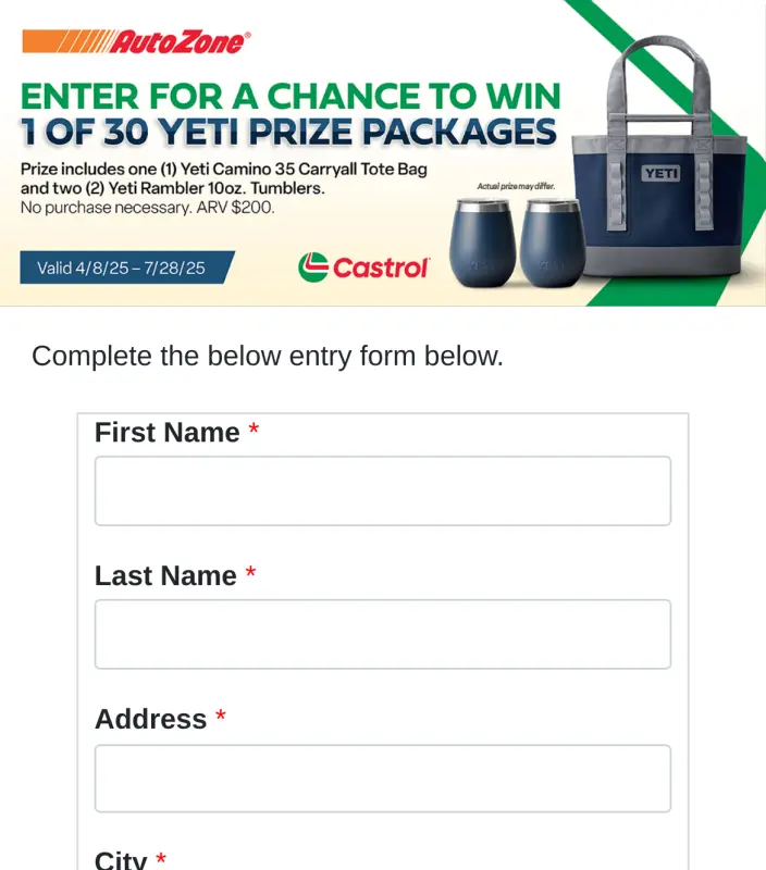 Sweepstake AutoZone Yeti Sweepstakes by BP Lubricants USA Inc., AutoZone Parts, Inc.