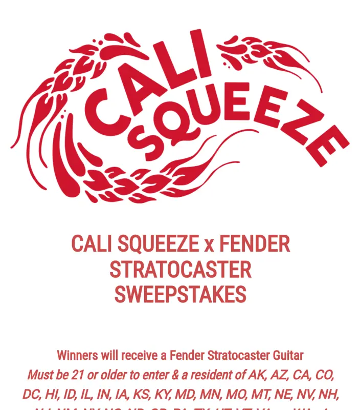 Sweepstake CALI SQUEEZE x FENDER STRATOCASTER SWEEPSTAKES by Firestone Walker Brewing Co.