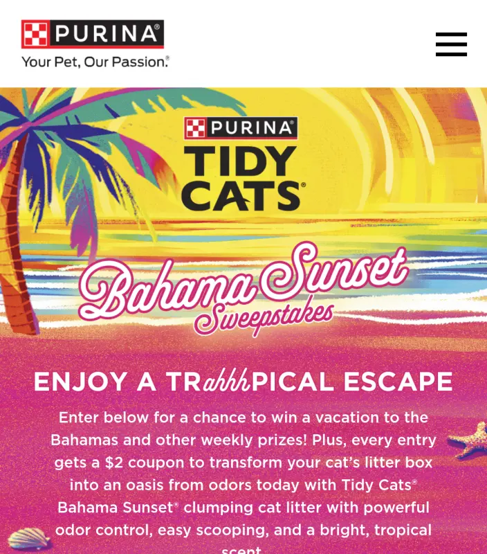 Sweepstake Tidy Cats Bahama Sunset Sweepstakes by Nestlé Purina PetCare