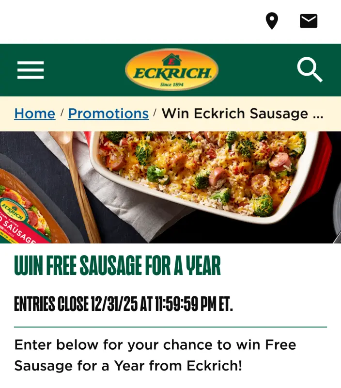Sweepstake Eckrich® “Win Free Sausage for a Year” Sweepstakes by Smithfield Packaged Meats Sales Corp.