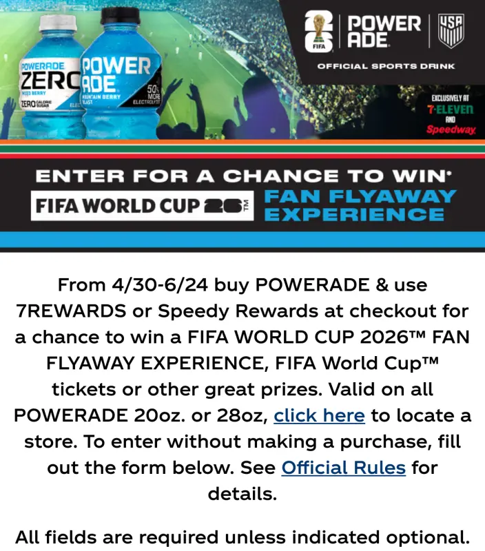 Sweepstake POWERADE and 7-Eleven Road to 2026 Soccer Sweepstakes by BA Sports Nutrition, The Coca-Cola Company