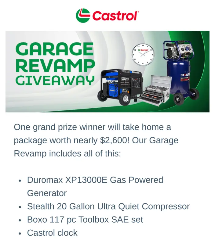 Sweepstake Castrol Garage Revamp Giveaway by BP Lubricants USA Inc.