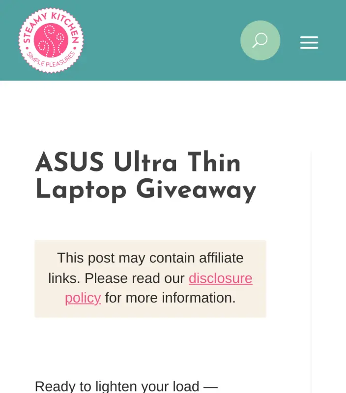 Sweepstake ASUS Ultra Thin Laptop Giveaway - Steamy Kitchen by Steamy Kitchen