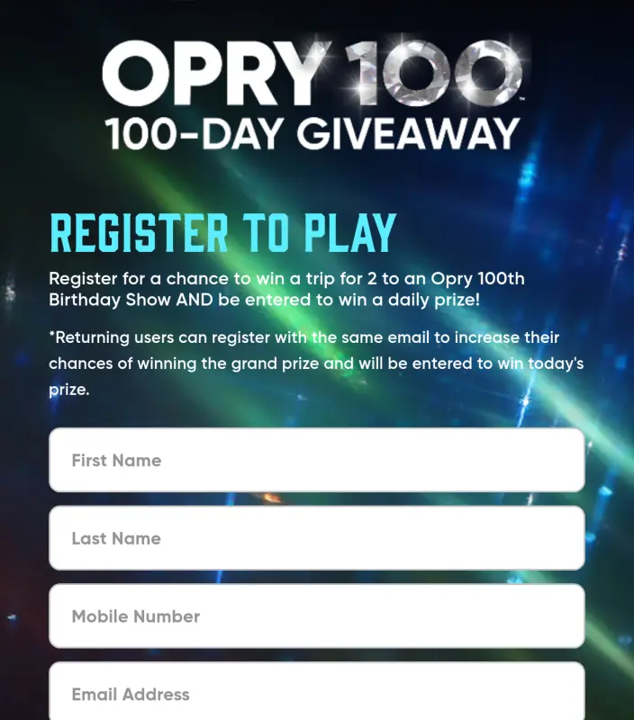 Sweepstake Opry 100 Sweepstakes by Opry Entertainment Group
