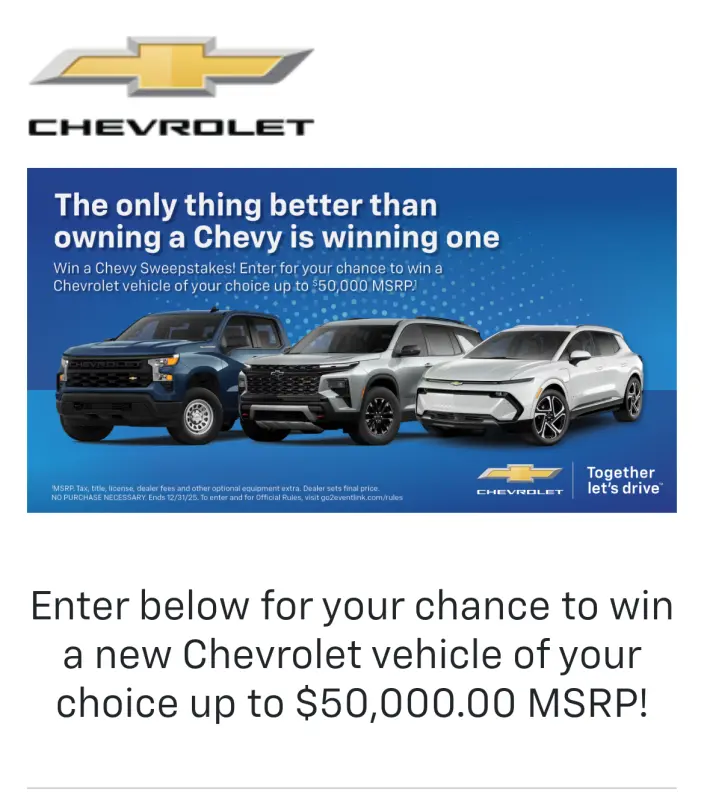 Sweepstake 2025 Win A Chevy Sweepstakes by General Motors