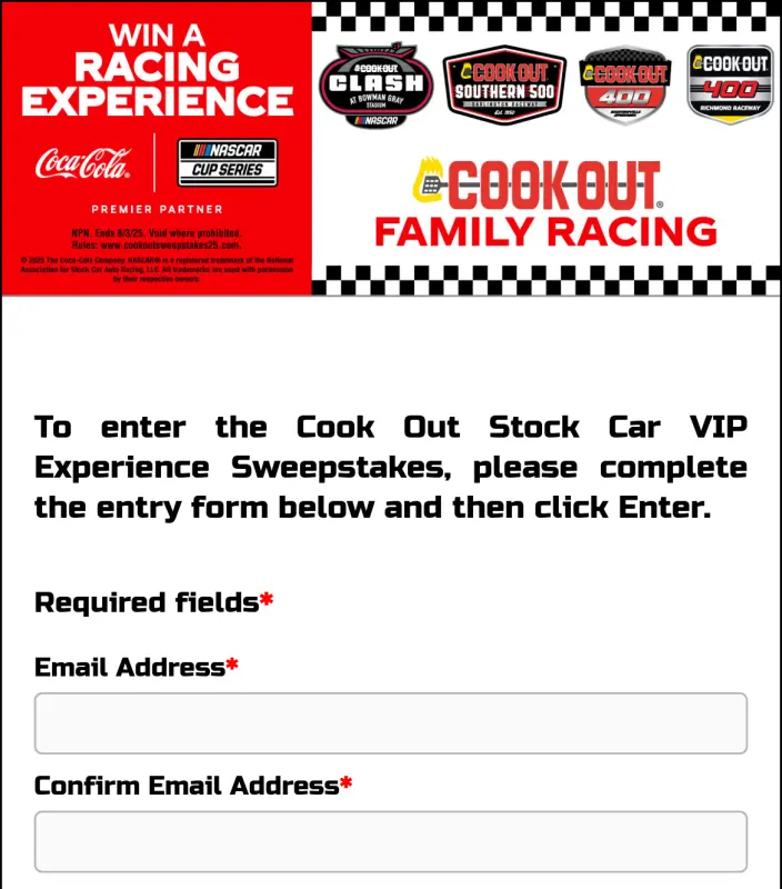 Sweepstake Cook Out Stock Car VIP Experience Sweepstakes by The Coca-Cola Company