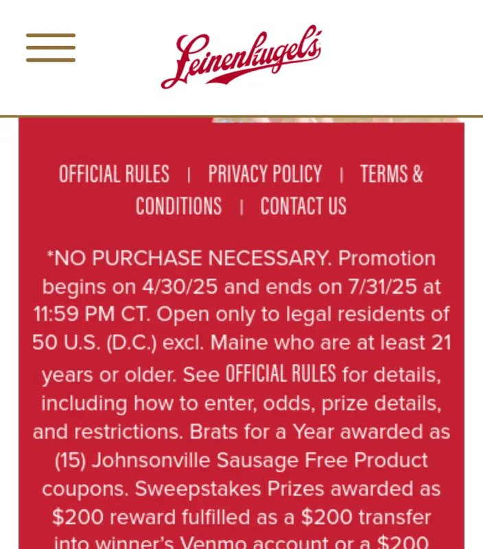 Sweepstake Leinie x Johnsonville Summer 2025 by Molson Coors Beverage Company USA LLC