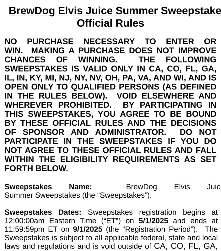 Sweepstake BrewDog Elvis Juice Summer Sweepstakes by BrewDog Brewing Co., LLC