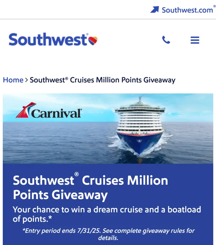 Sweepstake Southwest® Cruises Million Points Giveaway by World Travel Holdings, Inc. d/b/a Southwest Cruises, Carnival Cruise Line